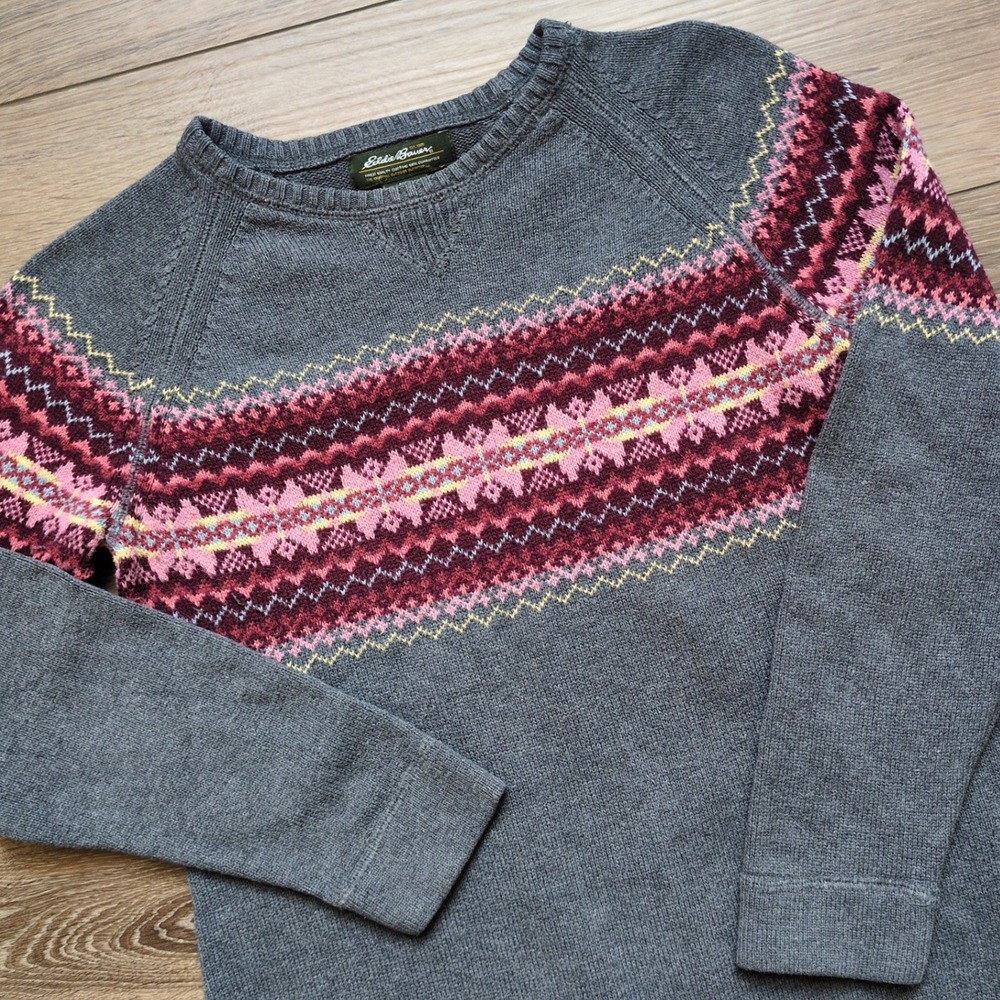 Vtg Eddie Bauer Fair Isle Sweater 90s Y2K Gray Pink Cotton Angora Blend Small